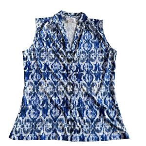 Calvin Klein Women’s Ikat Sleeveless Small Blue White V-Neck Blouse